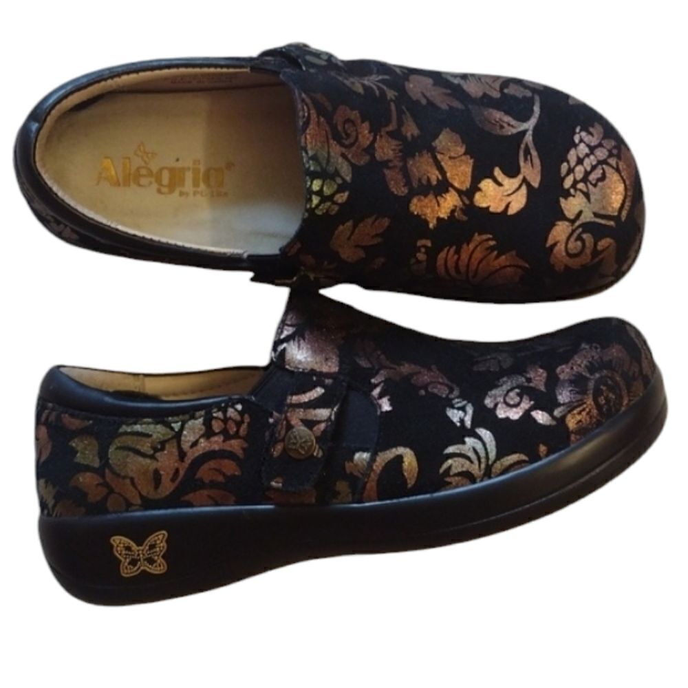 Alegria by PG Lite Clogs Kara Regal Copper Black Floral Suede Comfort Shoe 6.5